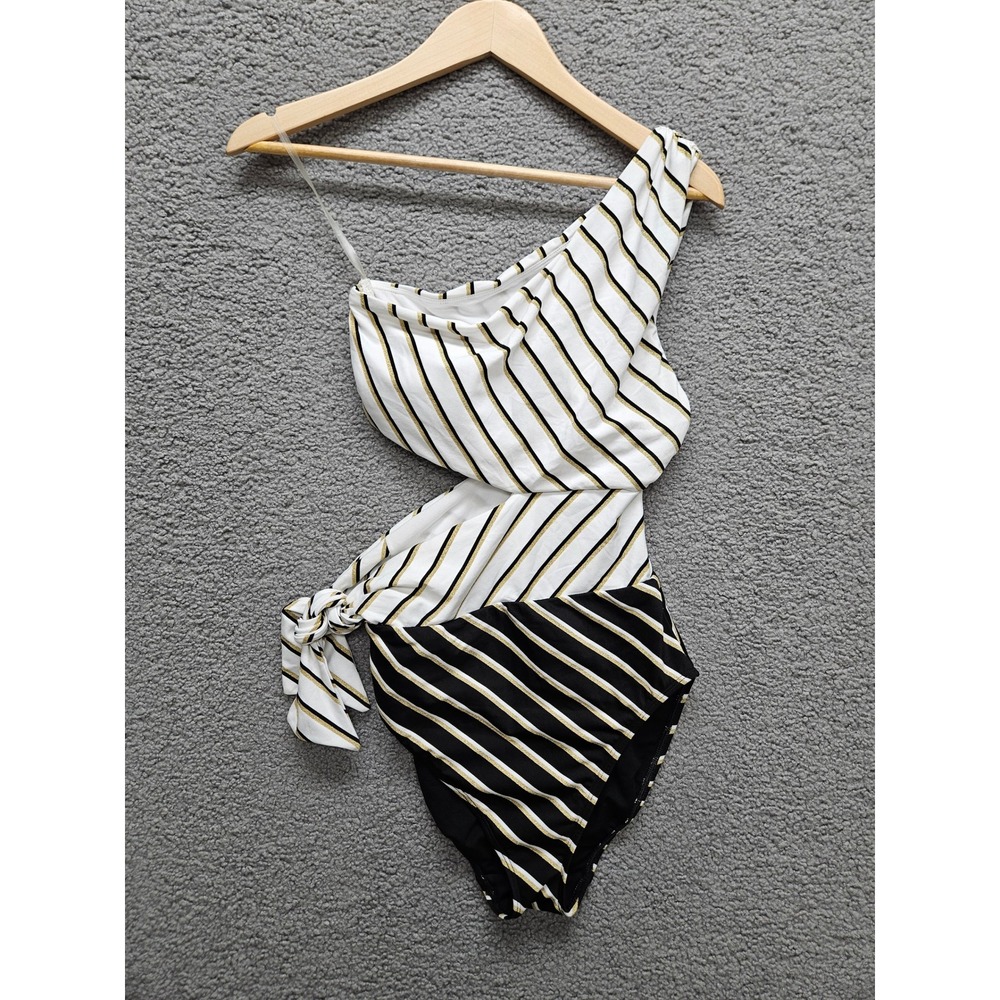 Lauren Ralph Lauren One Shoulder Swimsuit 6 Black White Gold Striped Monokini